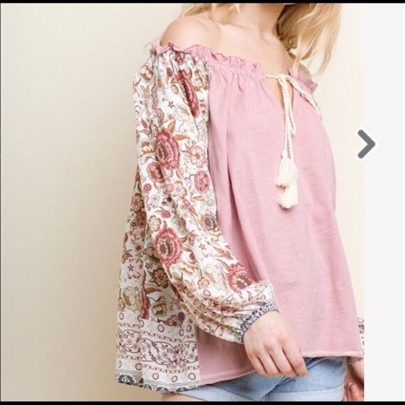 Boho off the shoulder top pink boho floral top - Picture 7 of 12
